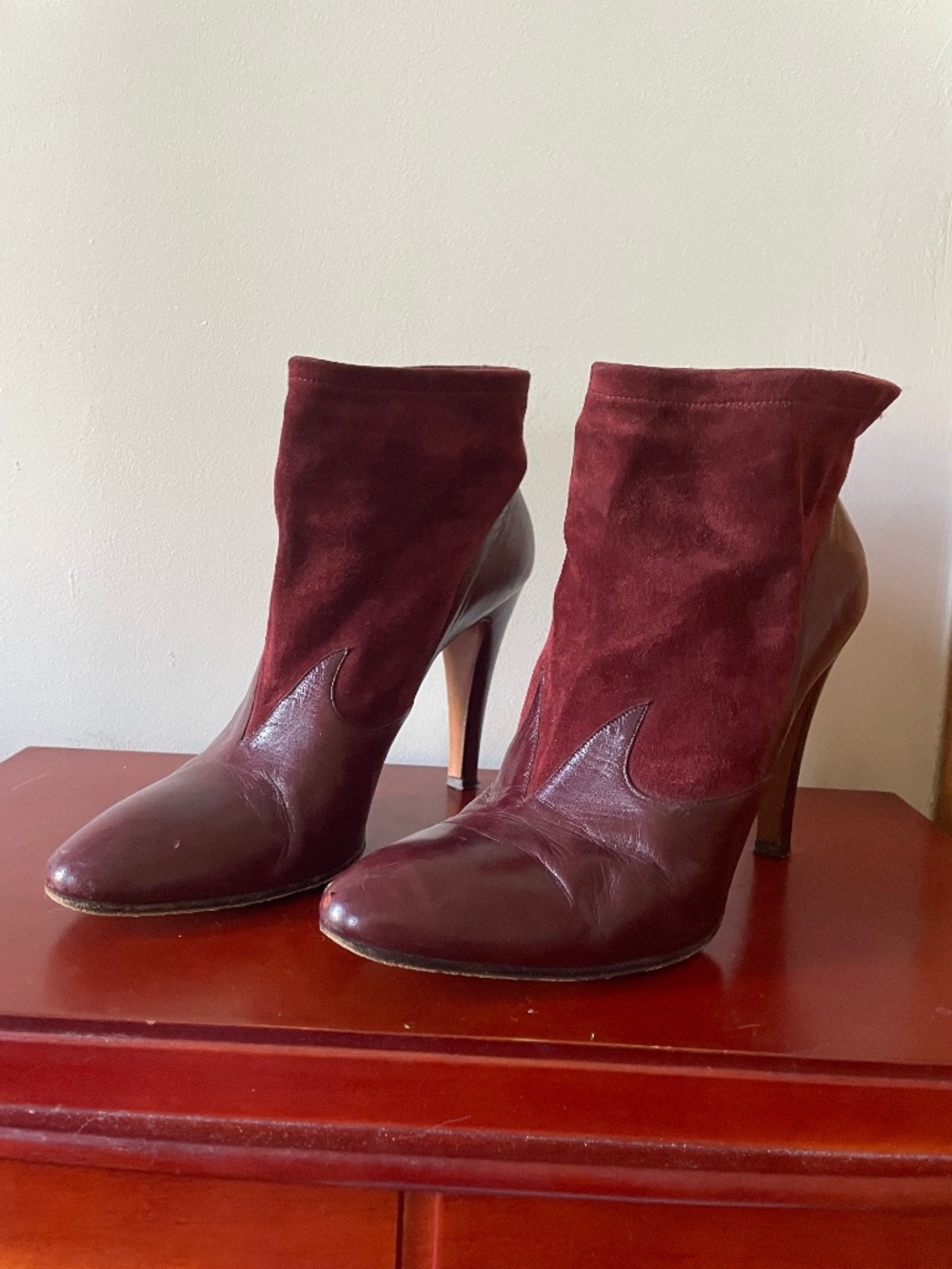 Vintage Carrano Italian Leather and Suede Maroon Bootie Heels